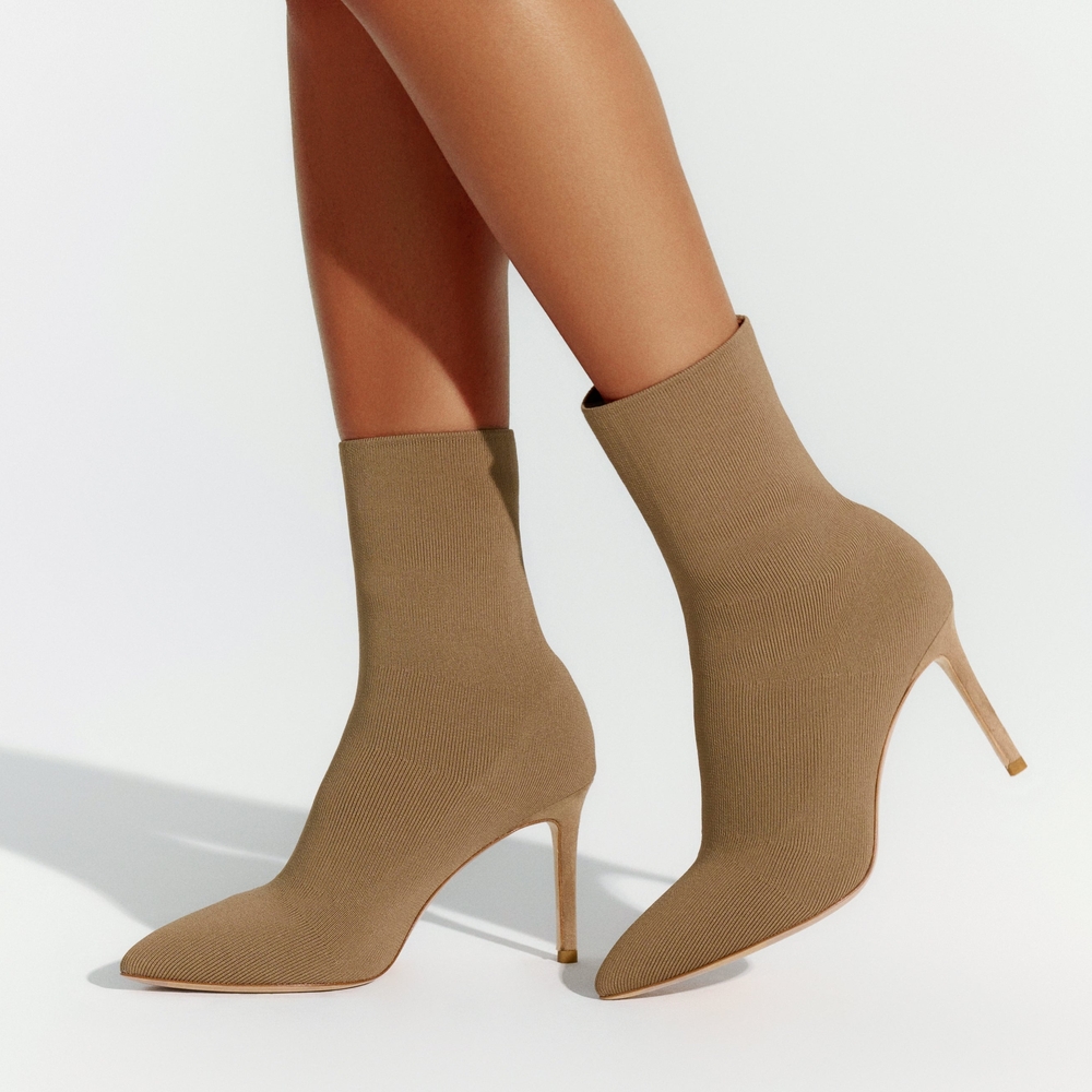 Express Women's Tan High Heeled Knit Ankle Boots Pointed Toe Sock Bootie 10M